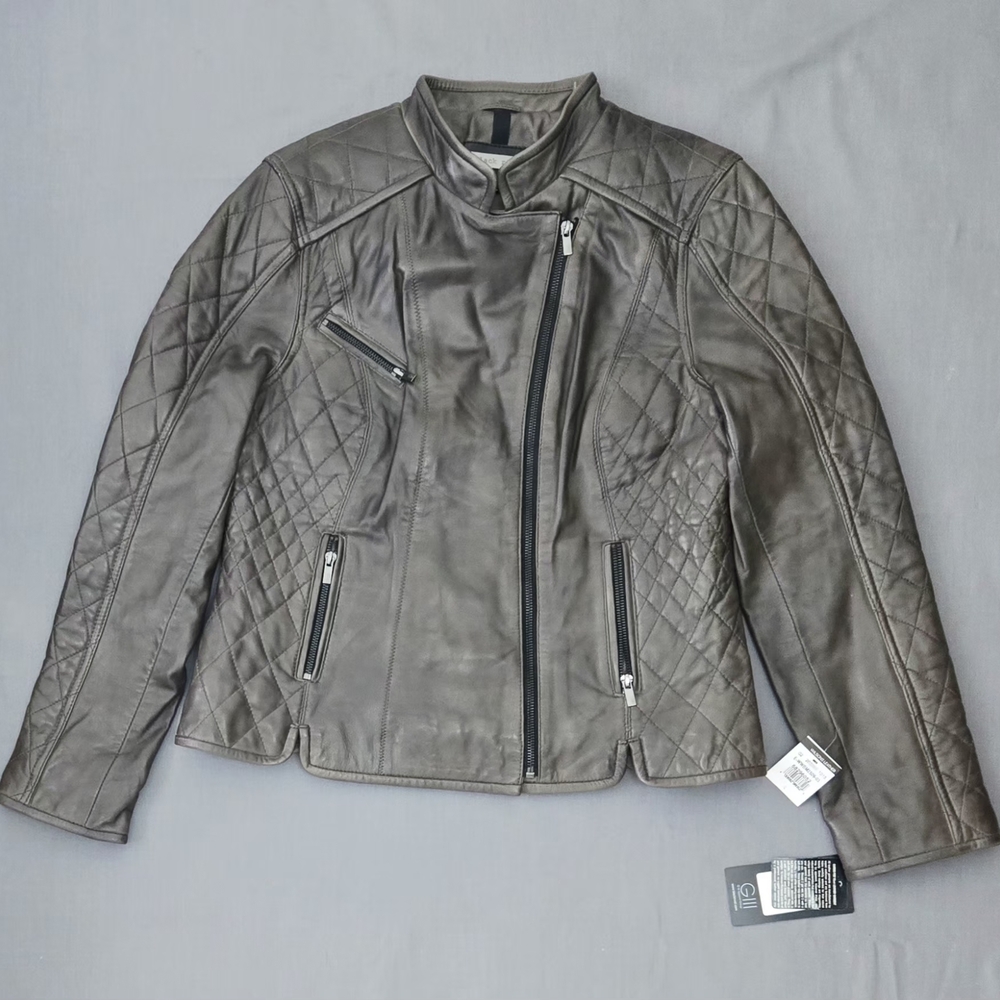 Black Rivet Coat Women's L Gray Quilted Wilson Leather Asymmetrical Moto Jacket